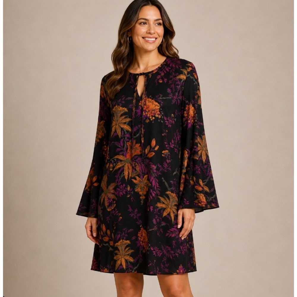 Kobi Halperin Primrose Dress Womens Medium? Mini Floral Bell Sleeve Purple Black